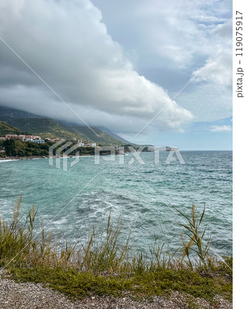 The Adriatic coast on a cloudy day in Montenegro 119075917