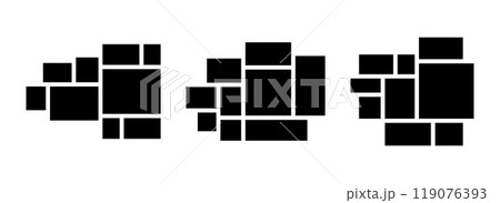 Image collage layout set. Black mosaic mood board grid collection. 9 picture composition arrangement. Photo album template for banner, poster, mockup, flyer, brochure, booklet, memory wall. Vector 119076393