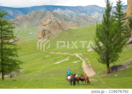 モンゴル、テレルジ国立公園内、馬を連れたガイド 119076792