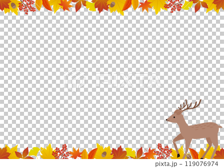 秋の紅葉と鹿の上下のフレームのイラスト_横向き 秋の紅葉と鹿の上下のフレームのイラスト_横向き 119076974