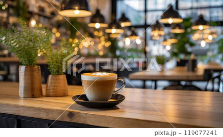 オシャレなカフェのテーブルとコーヒー オシャレなカフェのテーブルとコーヒー 119077241
