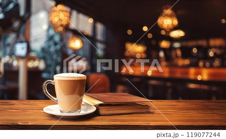 オシャレなカフェのカフェラテと本 オシャレなカフェのカフェラテと本 119077244