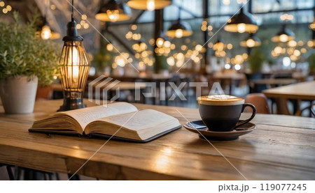 オシャレなカフェのカフェラテと本 オシャレなカフェのカフェラテと本 119077245