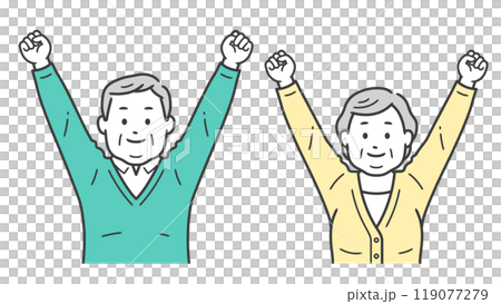 Upper body illustration of an elderly chubby man and woman making a fist pump with both hands 119077279
