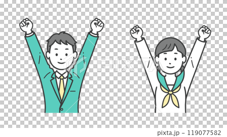 Upper body illustration of male and female students posing with both hands 119077582
