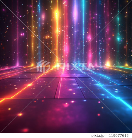 フロアのカラフルな光線と星が特徴的なデジタル背景 119077615