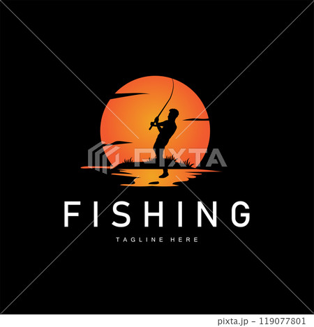 fishing logo black silhouette angler design and outdoor sunset fishing logo black silhouette angler design and outdoor sunset 119077801