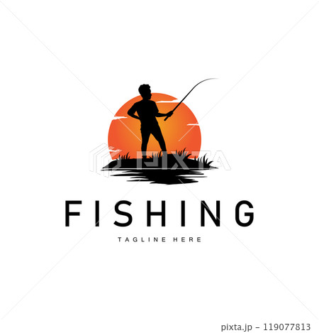 fishing logo black silhouette angler design and outdoor sunset 119077813