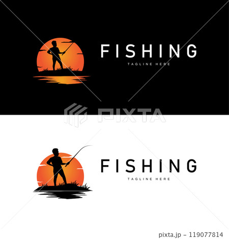 fishing logo black silhouette angler design and outdoor sunset 119077814