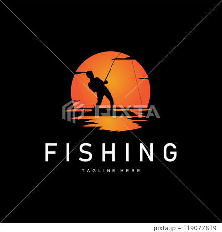 fishing logo black silhouette angler design and outdoor sunset fishing logo black silhouette angler design and outdoor sunset 119077819