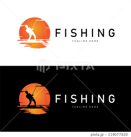 fishing logo black silhouette angler design and outdoor sunset fishing logo black silhouette angler design and outdoor sunset 119077820