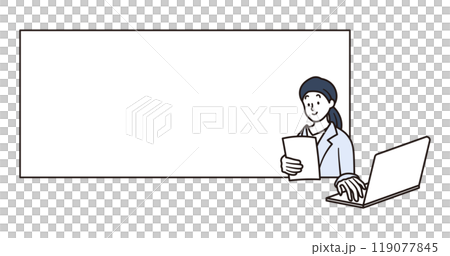 Illustration material of a female office worker working in front of a whiteboard Illustration material of a female office worker working in front of a whiteboard 119077845