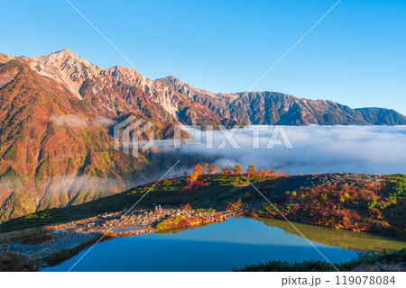 秋の唐松岳登山（夜明けの八方池と白馬三山） 119078084