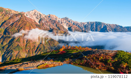 秋の唐松岳登山（夜明けの八方池と白馬三山） 119078112