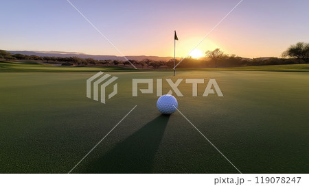 serene golf course at sunset, featuring golf ball positioned near hole, casting long shadow. vibrant colors of sky enhance tranquil atmosphere of scene serene golf course at sunset, featuring golf ball positioned near hole, casting long shadow. vibrant colors of sky enhance tranquil atmosphere of scene 119078247