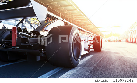 sleek racing car positioned on track, showcasing its powerful rear tires and aerodynamic design, ready for thrilling race. sun sets in background, enhancing excitement sleek racing car positioned on track, showcasing its powerful rear tires and aerodynamic design, ready for thrilling race. sun sets in background, enhancing excitement 119078248