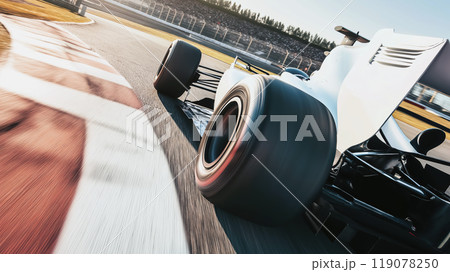 High speed racing car on track, showcasing dynamic motion and precision. powerful tires grip asphalt, emphasizing thrill of motorsport 119078250