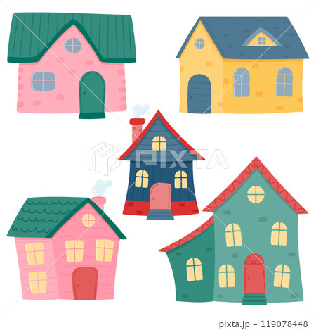 Set of colorful children's houses. Vector illustration in flat style isolated on a white background. 119078448