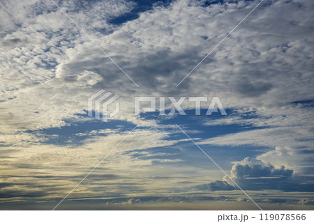 Tropical summer blue sky fluffy white cloud summertime on light sunny day cloudscape. Clear bright blue skyline spring sunlight climate background. Heaven blue environment ecology high scenic nature. 119078566