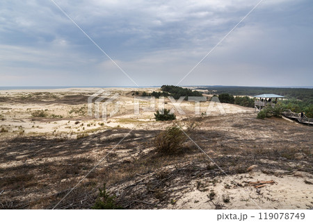 View of Dune Ridge and Curonian Lagoon from Efa height. Observation deck with overview of dunes in Curonian spit national Park. Russia View of Dune Ridge and Curonian Lagoon from Efa height. Observation deck with overview of dunes in Curonian spit national Park. Russia 119078749