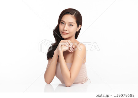 Beautiful young asian woman with clean fresh skin on white background, Face care, Facial treatment, Cosmetology, beauty and spa, Asian women portrait. Beautiful young asian woman with clean fresh skin on white background, Face care, Facial treatment, Cosmetology, beauty and spa, Asian women portrait. 119079588