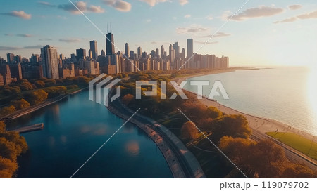 夕日に照らされる湖畔の都市風景 119079702