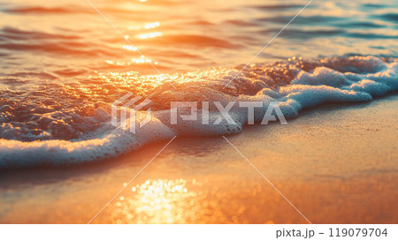 夕日の海岸、波が浜辺に寄せる瞬間 119079704