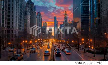 夕暮れにビル街を走る車の風景 119079706