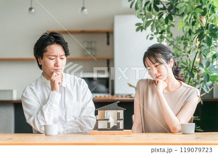 住宅模型を見てマイホームの間取りを検討する若い夫婦（相談会・ハウスメーカー・一戸建て） 119079723