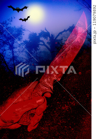 Male hand with bloody knife on red background Male hand with bloody knife on red background 119079892