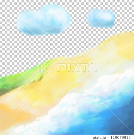 Beach background with clouds illustration, sea and sand nature watercolor painting Beach background with clouds illustration, sea and sand nature watercolor painting 119079913