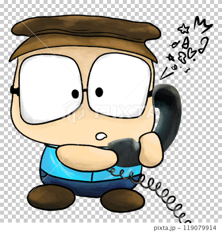 Little boy phone calling cartoon illustration, boy character with hat Little boy phone calling cartoon illustration, boy character with hat 119079914