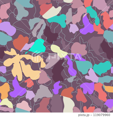 A vibrant and intricate abstract pattern showcasing stylized leaves in a variety of colors and shapes 119079960