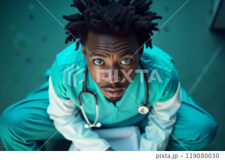 Man with dreadlocks and blue scrubs. 119080030