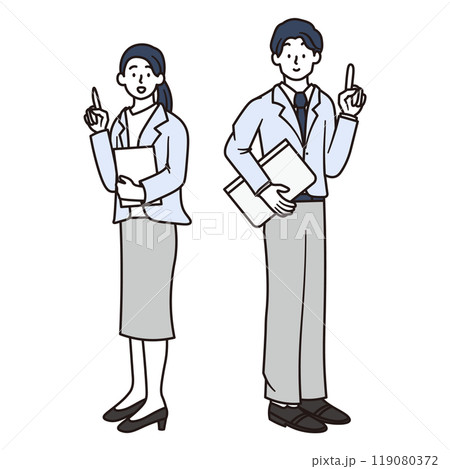 ノートパソコンを持ちながら指差ししている女性と男性会社員のシンプルな全身イラスト 119080372