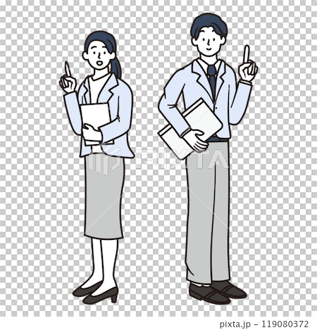 ノートパソコンを持ちながら指差ししている女性と男性会社員のシンプルな全身イラスト 119080372