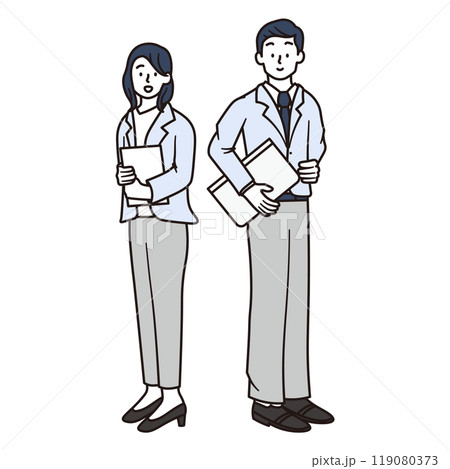 ノートパソコンを持つ女性と男性会社員のシンプルな全身イラスト素材 119080373