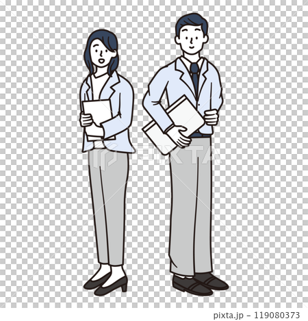 Simple full-body illustration of a female and male office worker with a laptop 119080373