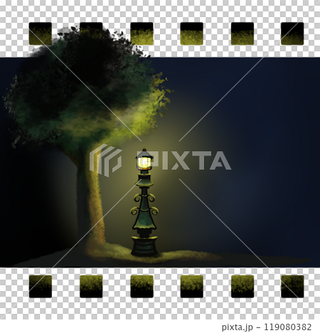 Street light and tree, film negative design, night view in nature 119080382