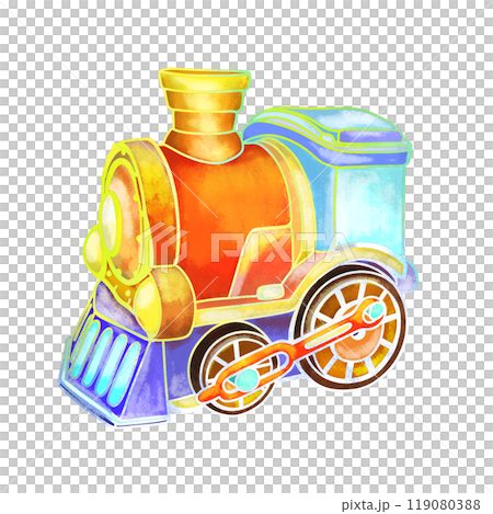 Toy train colored outline with textured colors isolated doodle drawing, cute toy train 119080388