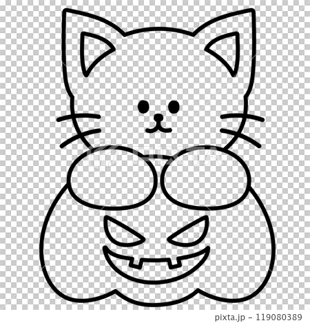 Outline illustration of cat and spooky pumpkin for kid colouring book, art, painting, tattoo, Halloween, event and activity, animal, pet shop, decoration, costume, vet, trick or treat, print, sticker 119080389