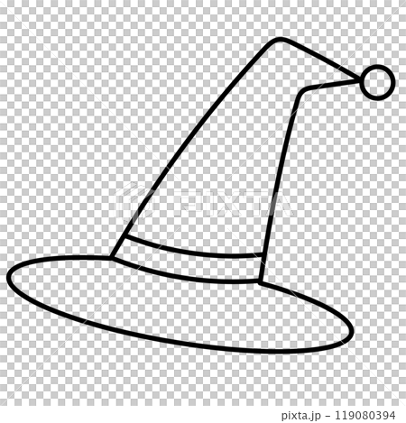 Outline illustration of witch hat for kid colouring book, art, painting, decoration, sticker, event, activity, patch, campaign badge, October element, logo, icon, print, trick or treat, costume, cloth 119080394