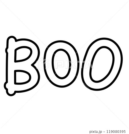 Outline illustration of BOO letters for Halloween, kid colouring book, art, painting, decoration, sticker, event, activity, patch, campaign badge, October element, icon, font, typography, text, icon 119080395