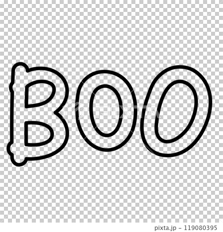 Outline illustration of BOO letters for Halloween, kid colouring book, art, painting, decoration, sticker, event, activity, patch, campaign badge, October element, icon, font, typography, text, icon 119080395