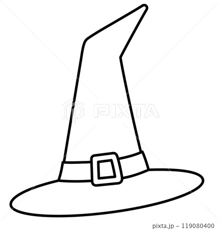 Outline illustration of witch hat for Halloween, kid colouring book, art, painting, decoration, sticker, event, activity, patch, campaign badge, October element, print, costume, fashion, accessory Outline illustration of witch hat for Halloween, kid colouring book, art, painting, decoration, sticker, event, activity, patch, campaign badge, October element, print, costume, fashion, accessory 119080400