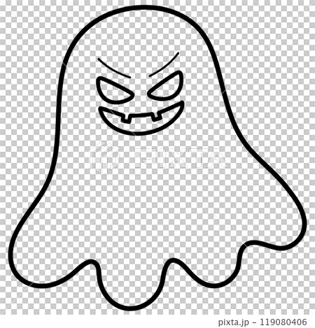Outline illustration of spooky ghost for kid colouring book, art, painting, decoration, sticker, event, activity, patch, campaign badge, October element, logo, icon, print, trick or treat, cartoon 119080406