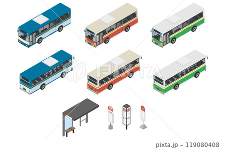 アイソメトリックイラスト：バスとバス停のセット 119080408