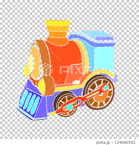 Toy train without outline with solid colors isolated doodle drawing, cute toy train Toy train without outline with solid colors isolated doodle drawing, cute toy train 119080581