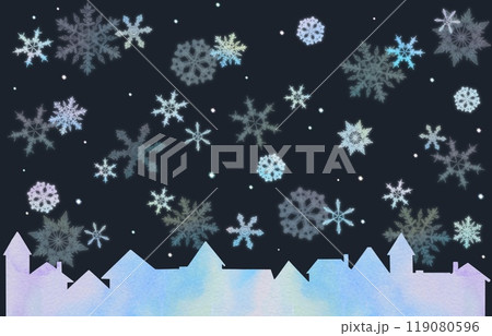 冬の夜の街に雪の結晶が舞う風景。水彩画で作成した絵本のような優しい雰囲気のイラスト。 119080596