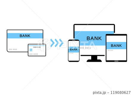 スマホやパソコンやタブレットで銀行アプリを利用するイメージイラスト 119080627